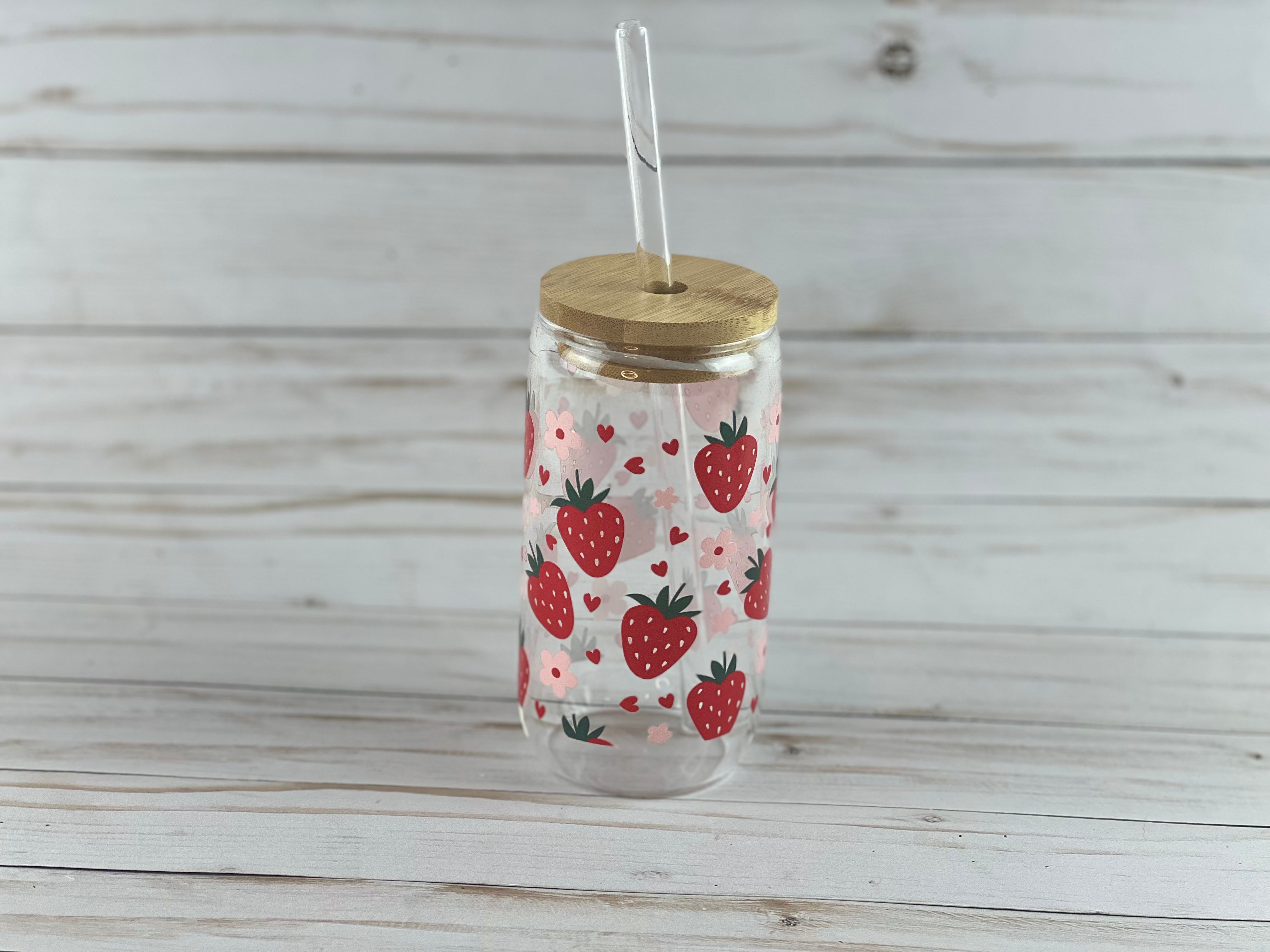 Strawberry Can Glass Cup w/Bamboo Lid & Straw